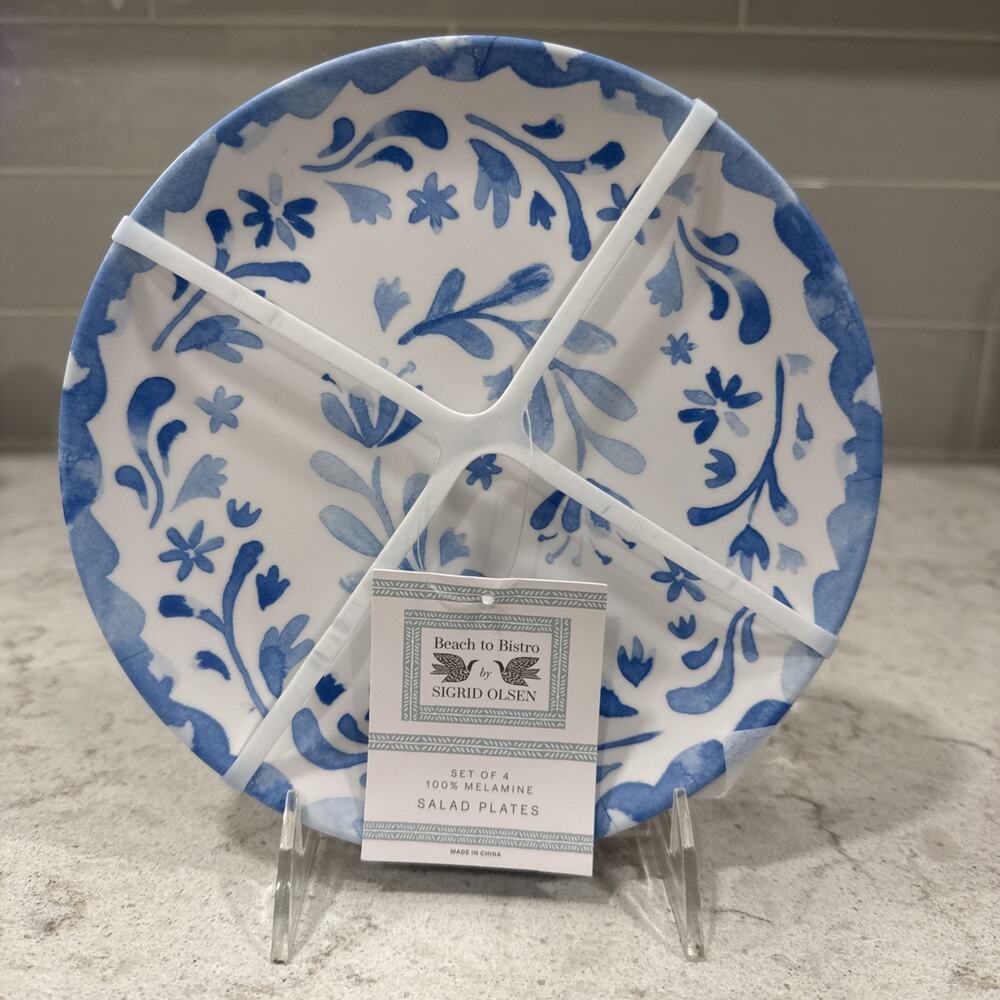 Set 4 WHITE & BLUE Floral 7.5” Melamine Plates Beach to Bistro SIGRID OLSEN New
